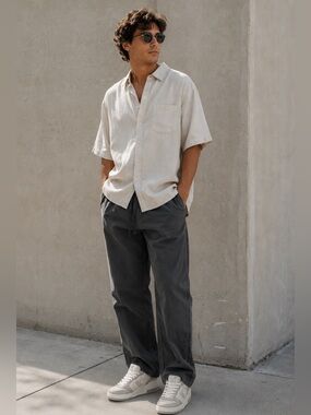 ETA Men’s Minimalist Utility Cotton Drawstring Pants Gray Relaxed Casual 34